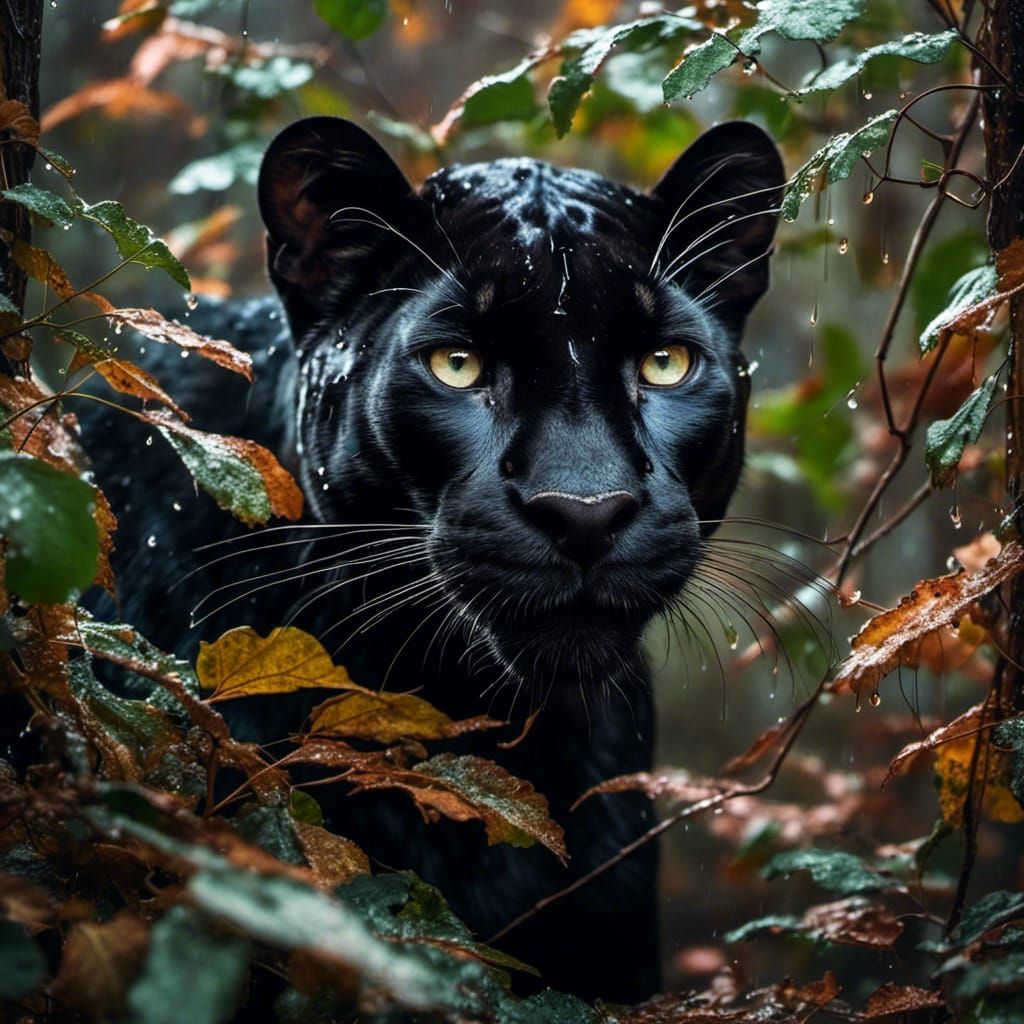Sleek Black Panther Peeking Through Leaves