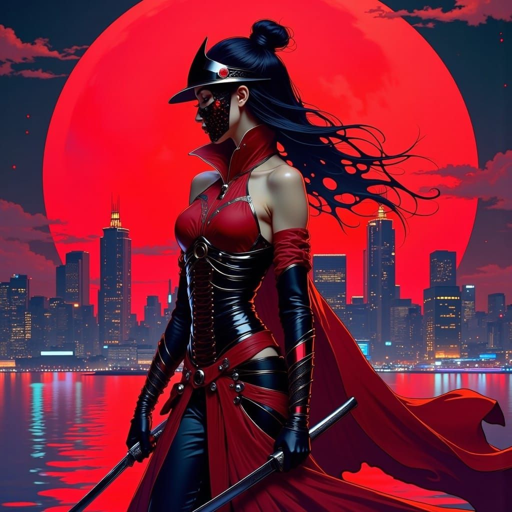 Futuristic Samurai Woman in Cyberpunk City