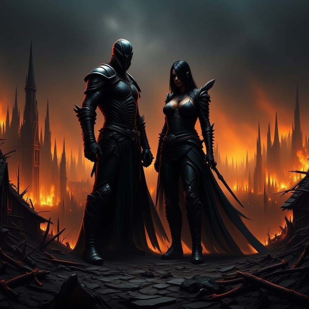 Post-Apocalyptic Warriors in Burning Village