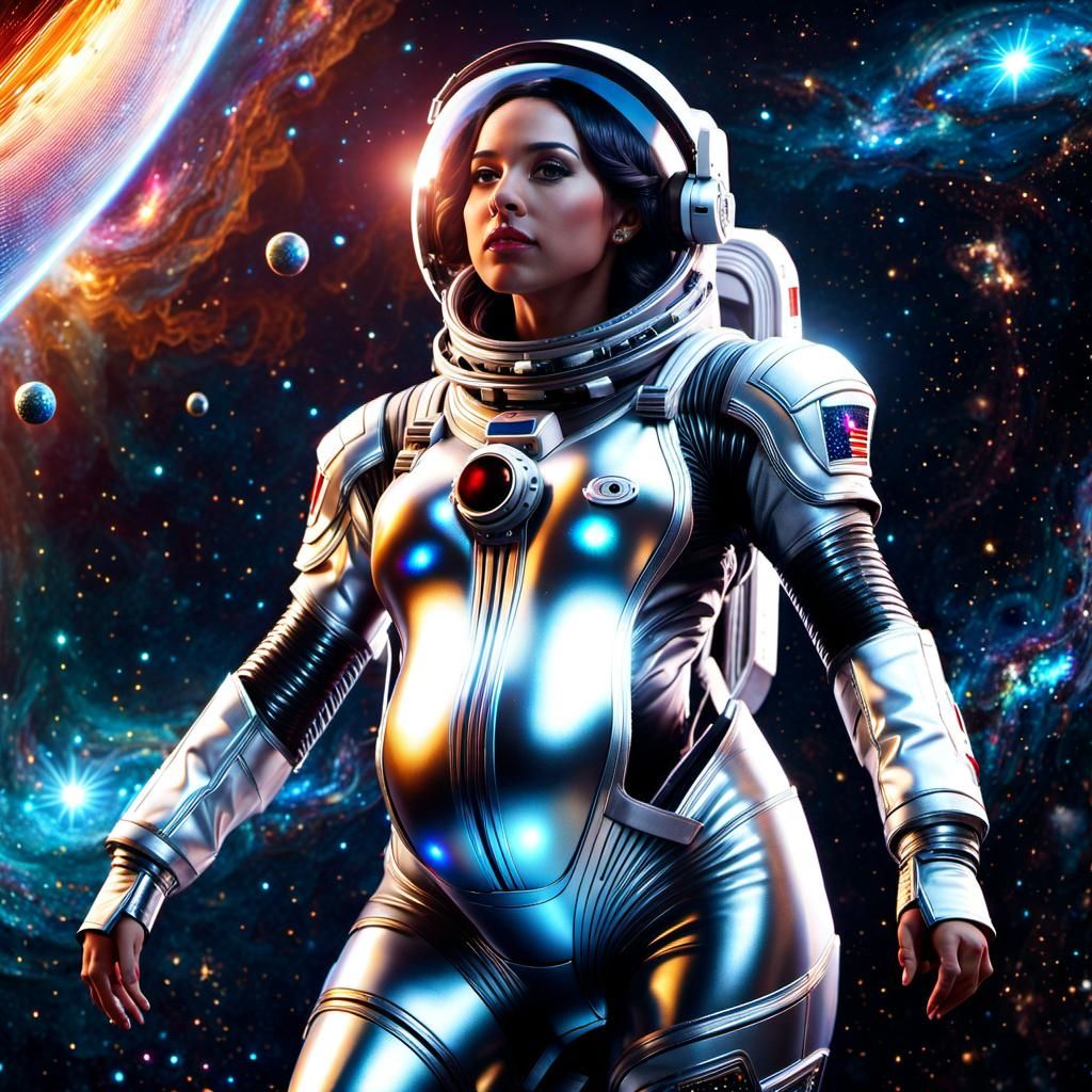Pregnant Astronaut in Futuristic Spacesuit Amidst Stardust