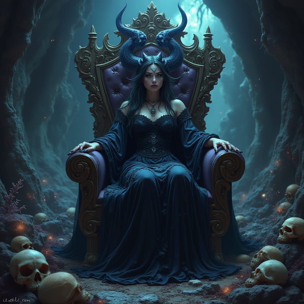 Sorrowful Gorgon Queen in a Jewel-Filled Cavern