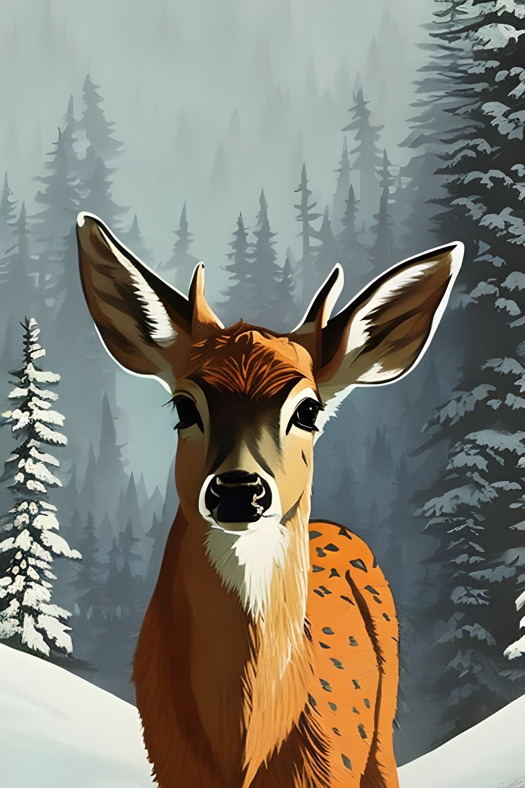 Fawn in Winter Forest: Detailed Digital Painting