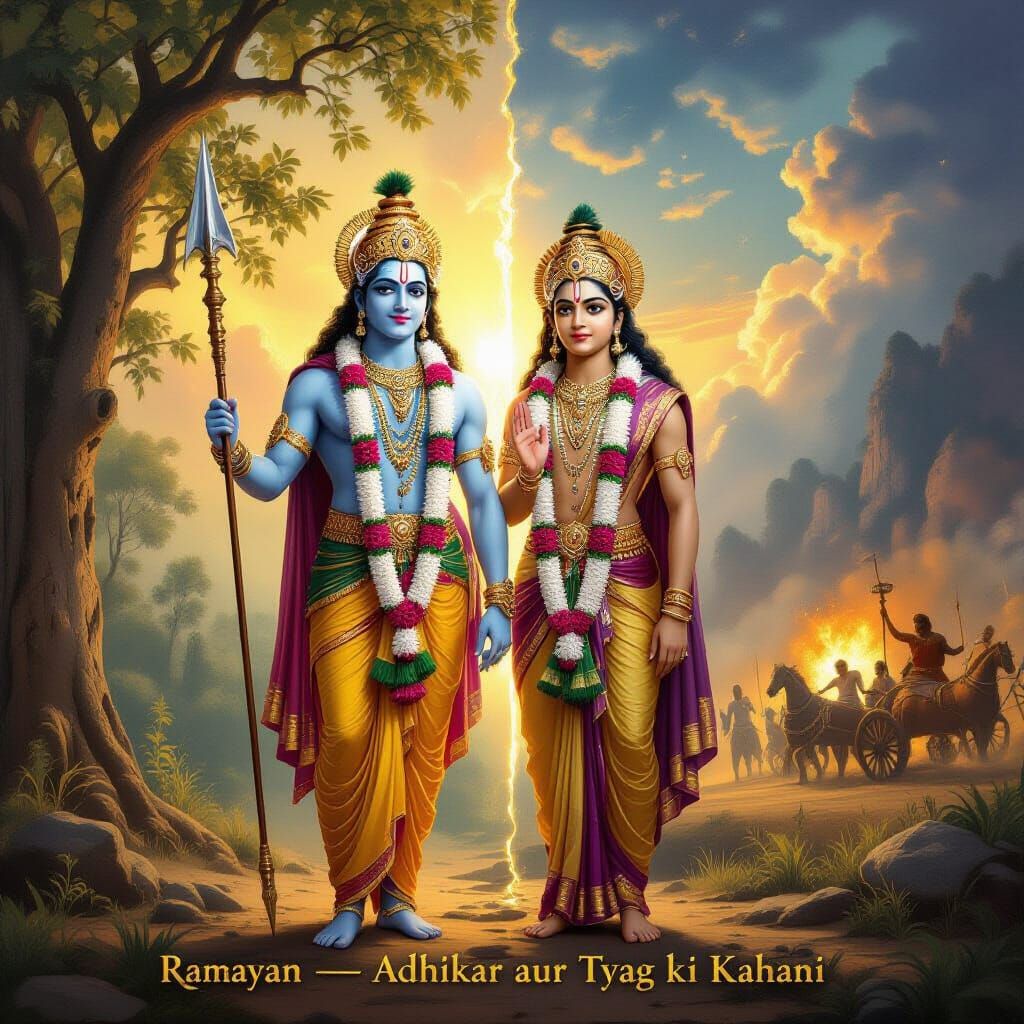 Shri Ram and Krishna: Divine Light in Oil Painting Style