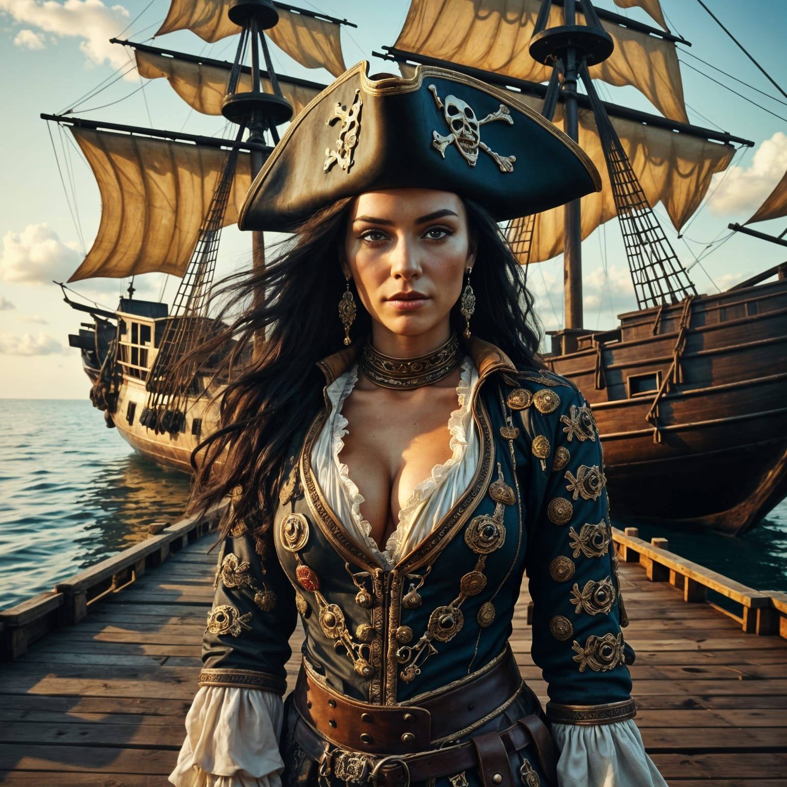 Hyperrealistic Pirate Woman on Dock, Cinematic Film Still