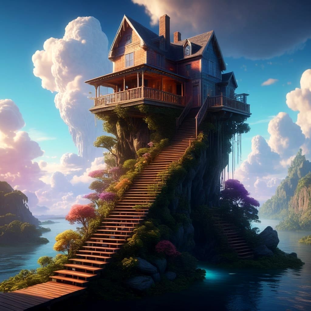 Whimsical Fantasy Cottage on a Cloudy Island