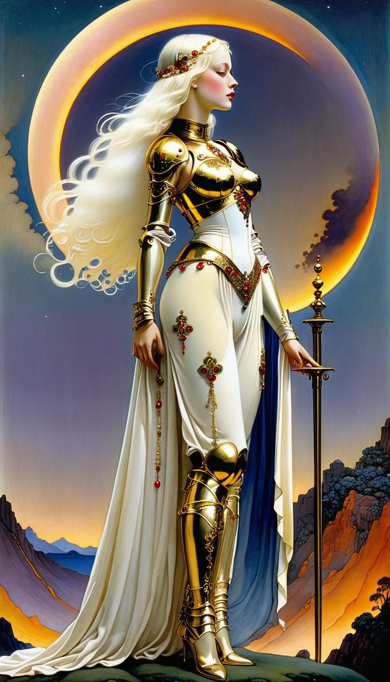 Armored Woman in Sunset, Illustration Art