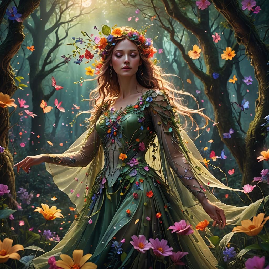 Mystical Flower Goddess in Forest, 3D Render