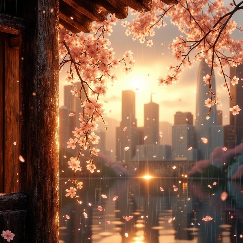 Raindrops on Wood, Tokyo Skyline in Golden Light
