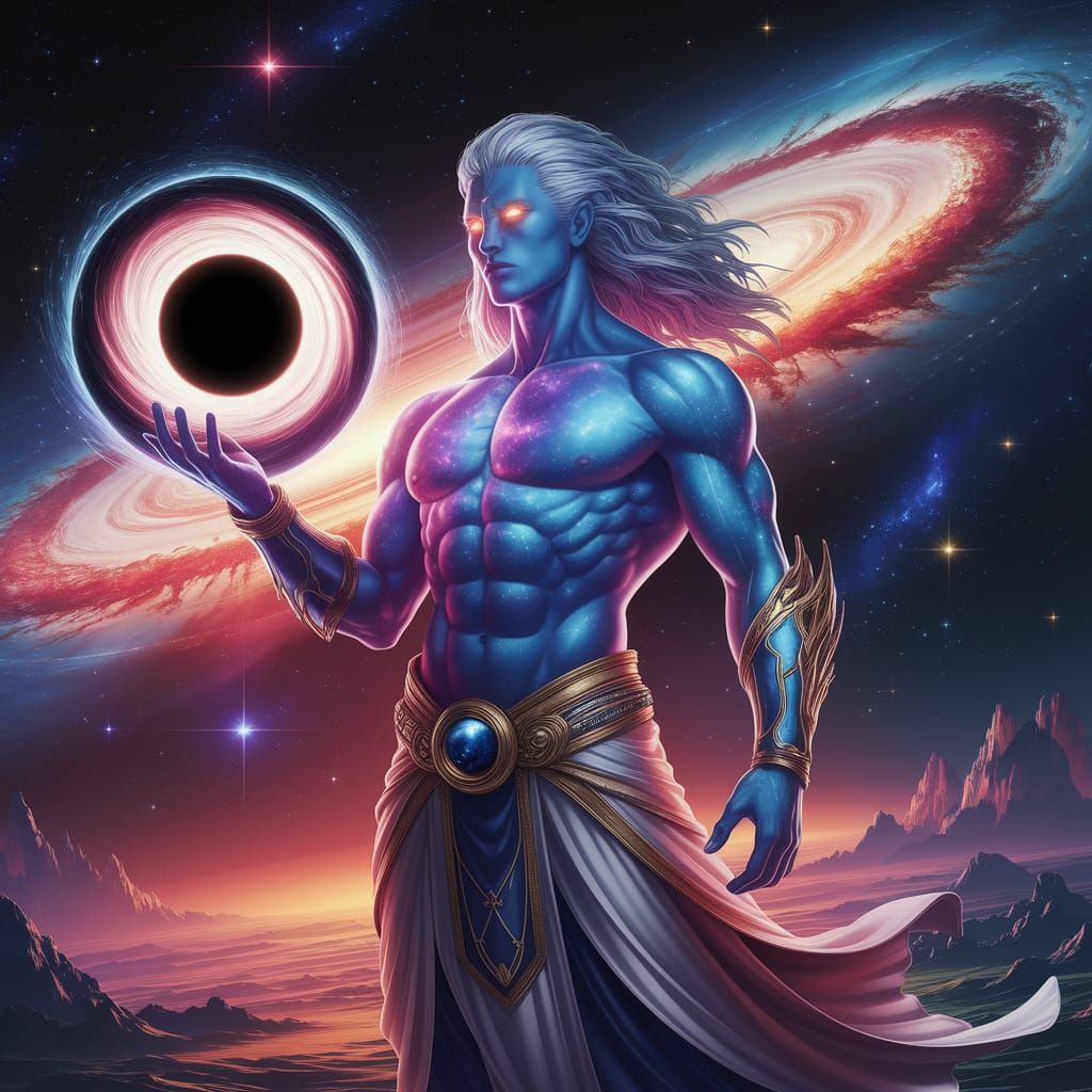 Cosmic God Holding a Black Hole in Space