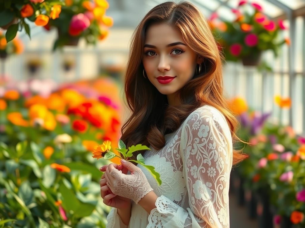 Ethereal Botanical Goddess in a Vibrant Greenhouse