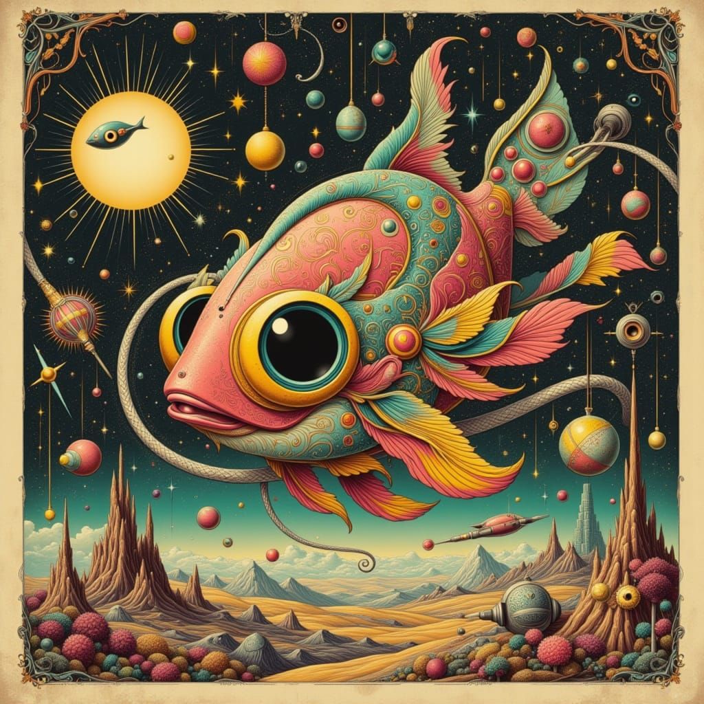Retro Sci-Fi Horror Poster: Whimsical Fish Rocket