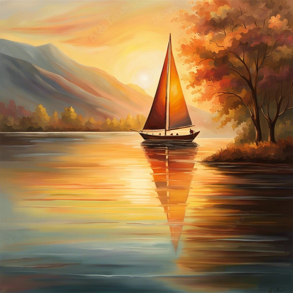 Elegant Sailboat on Calm Lake: Oil Painting Landscape