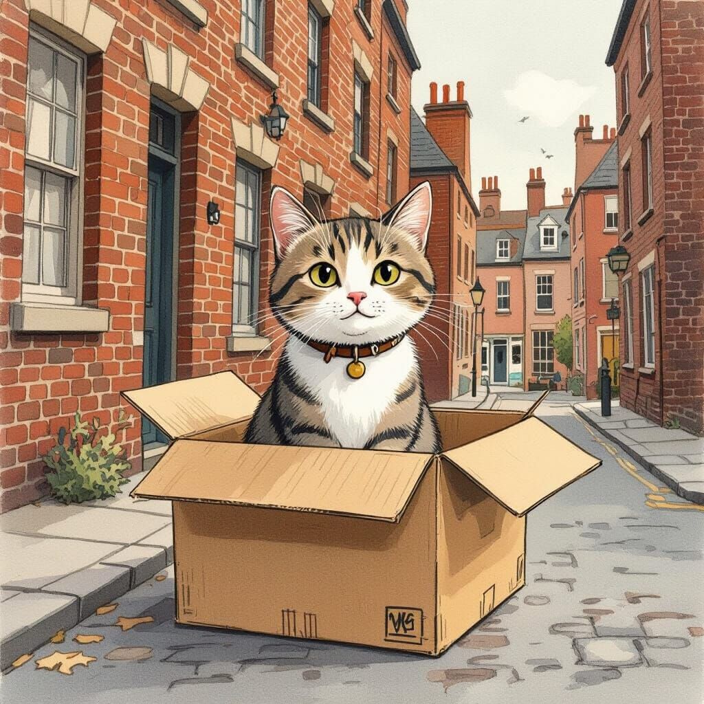 Curious Cat in Vintage Box on City Street