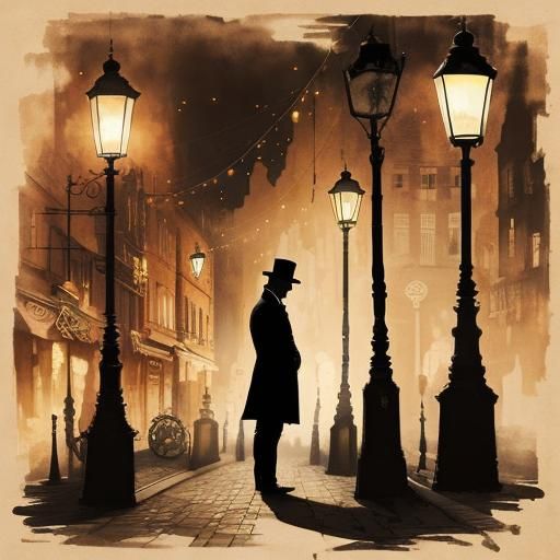 Steampunk Magician Silhouette in Ink Painting Style