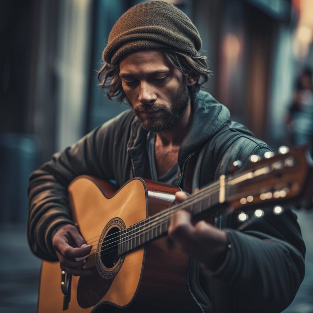 Homeless Man Plays Guitar in Hyperrealistic Style