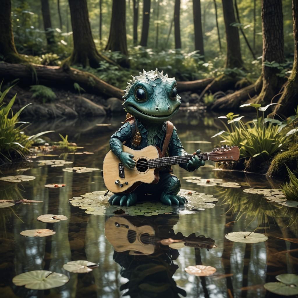 Hyperrealistic Water Creature Plays Guitar in Pond