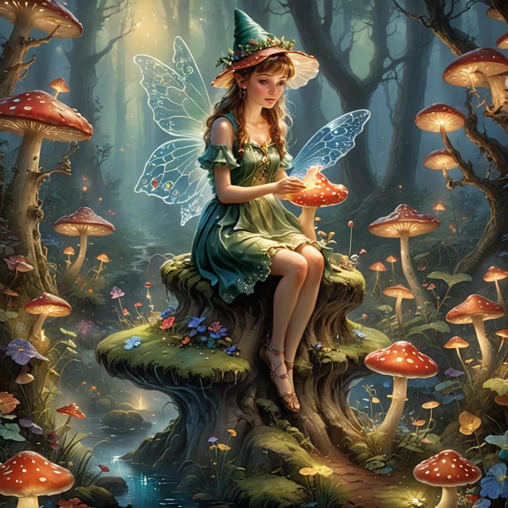 Forest Fairy on Glowing Toadstool in Ethereal Style