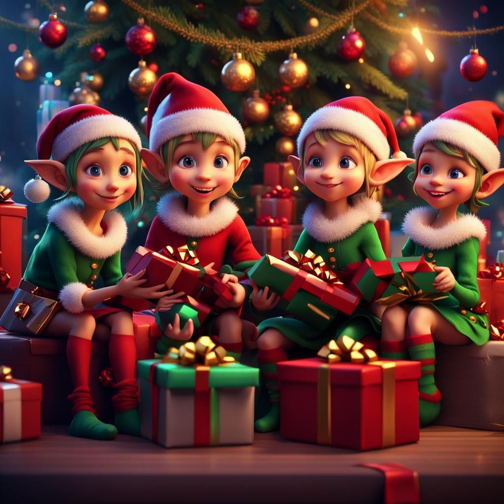 Santa's Little Helpers Bearing Joyful Gifts