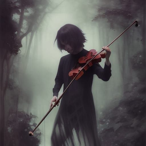 Gothic Sorrow: A Violinist's Portrait in Dark Paint