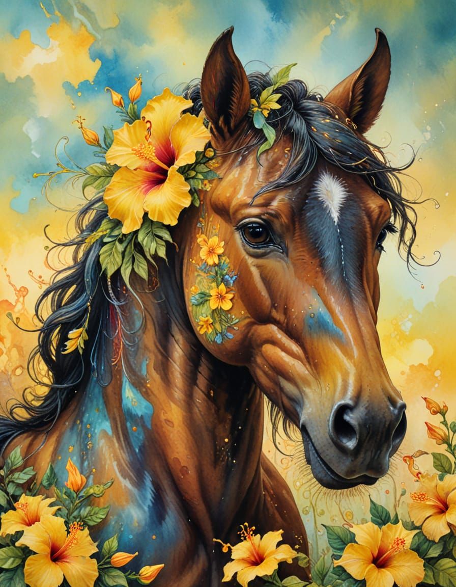 Majestic Horse Adorned with Yellow Hibiscus in Vibrant Water...