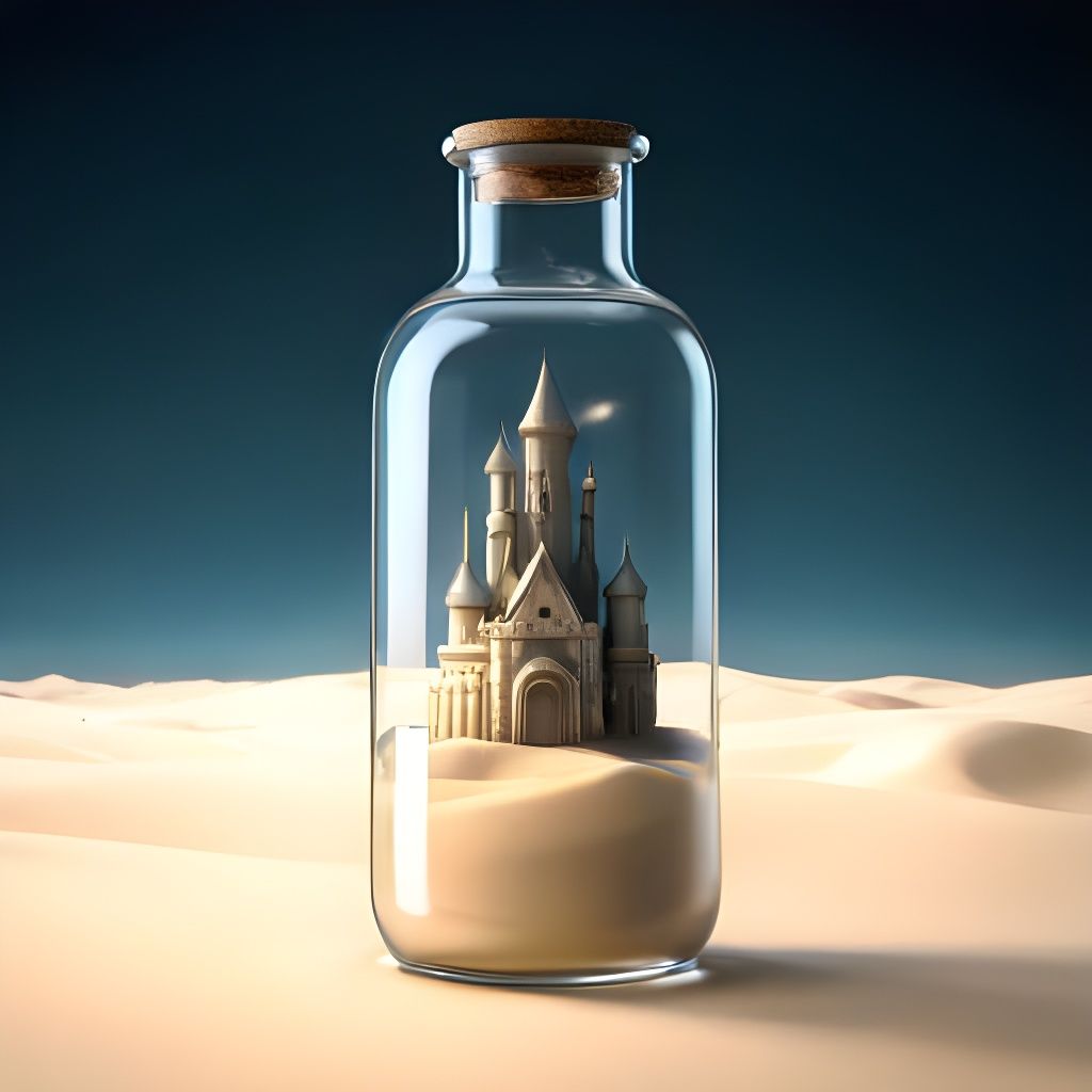 Sandcastle in Glass Bottle: Hyperrealistic Digital Art