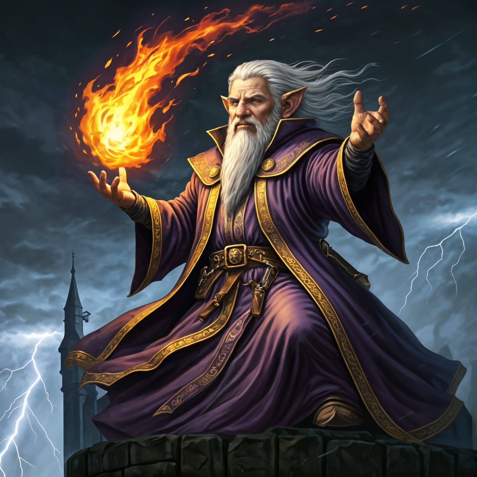 Medieval Halfling Wizard in Action, Casting Fireball Spell