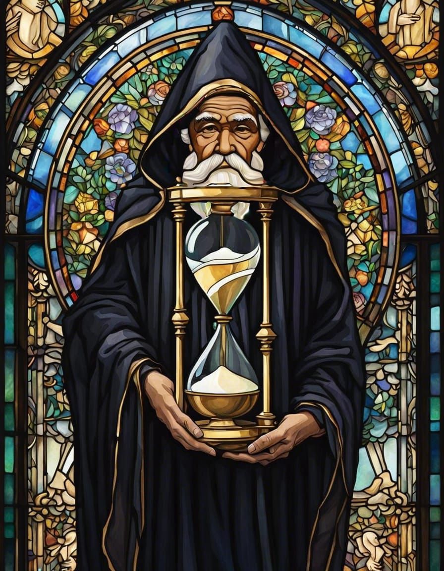 Stained Glass Father Time in Art Nouveau Style