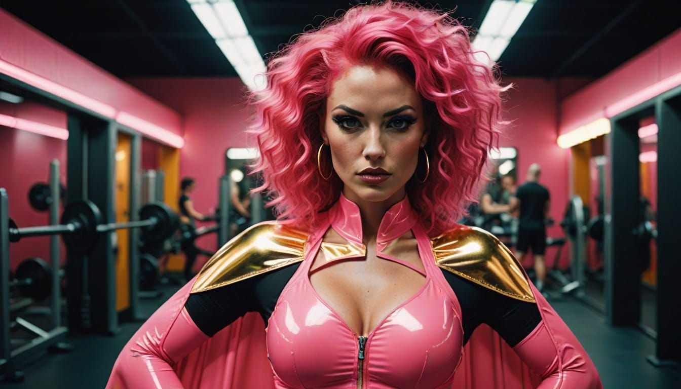 Neon Goddess in 80s Workout Attire, Shining with Gritty Film...