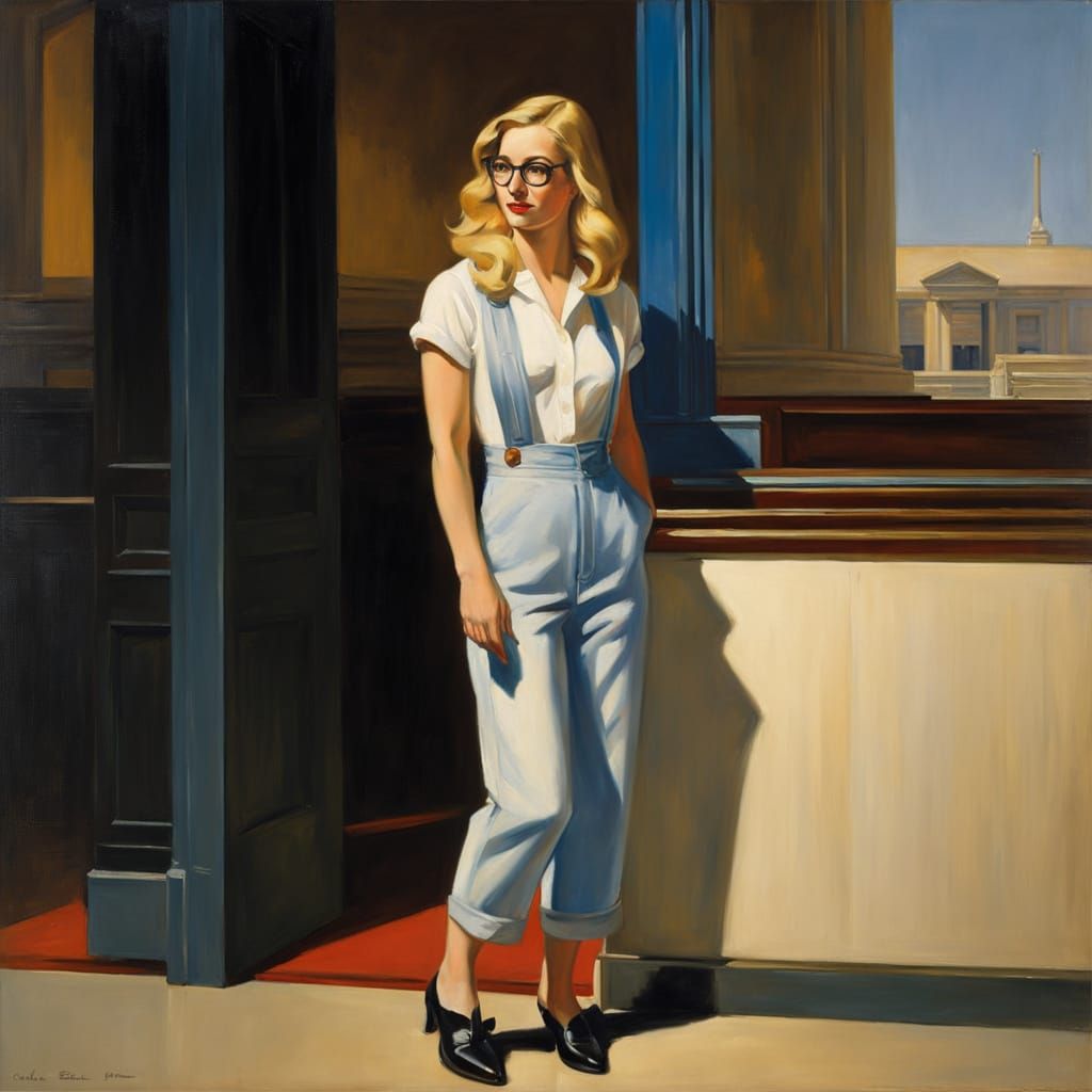 Beautiful Woman in Overalls: An Edward Hopper-Style Painting
