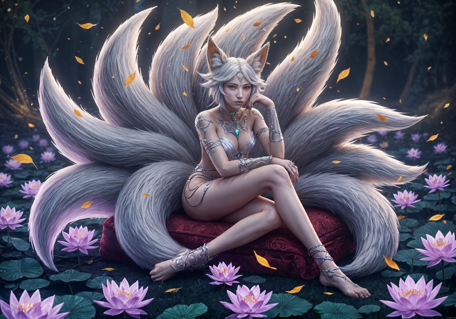 Nine-Tailed Fox Spirit in Lotus Field
