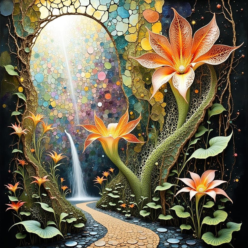 Ethereal Flower Oasis in Vibrant, Iridescent Bloom