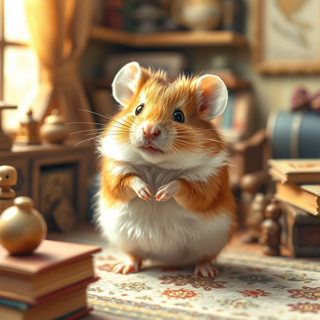 Hamster in Miniature Room, Watercolor Illustration