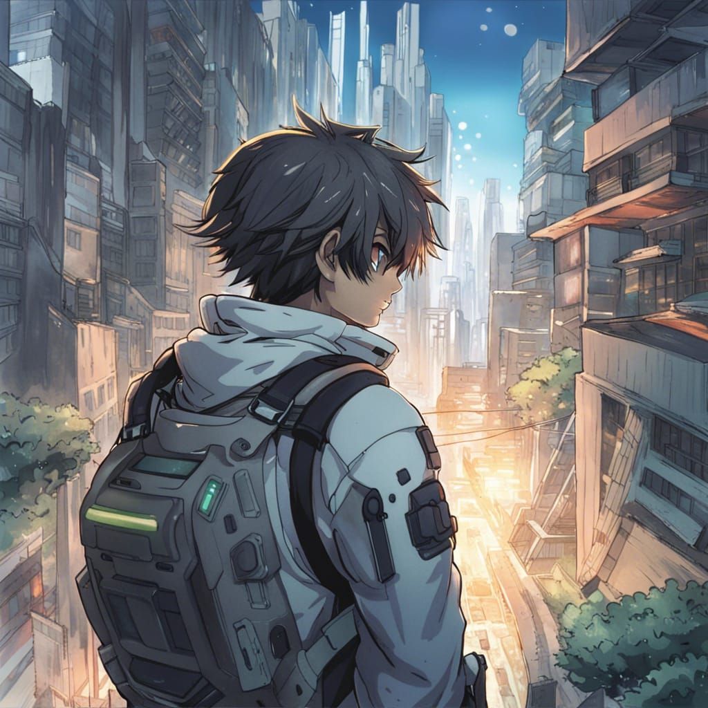 Futuristic Explorer Contemplates Abandoned City in Anime Sty...