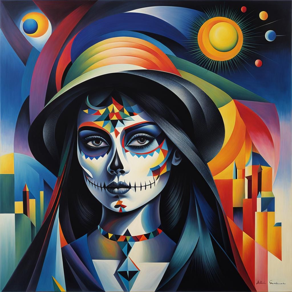 Black and RainbowSugar Skull Wild woman, abstract cubism Euclidean Georgy Kurasov Albert Gleizes