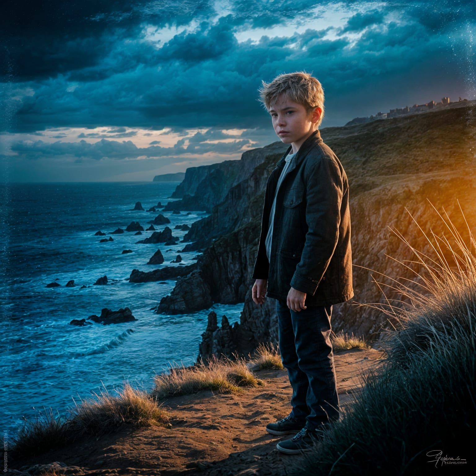 Dramatic Coastal Scene: Boy on Cliff in Twilight