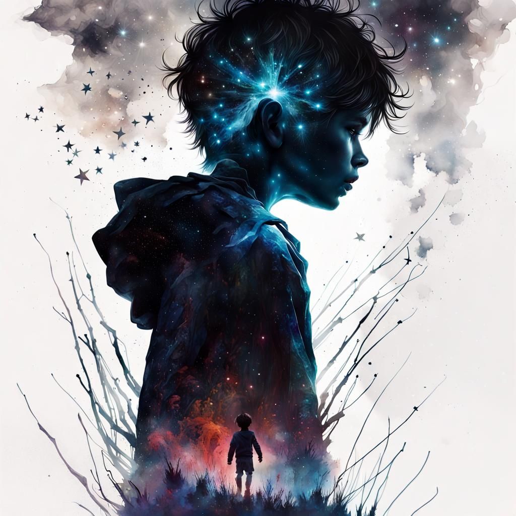 Boy Reaching for Stars in Shadowy Fantasy Art