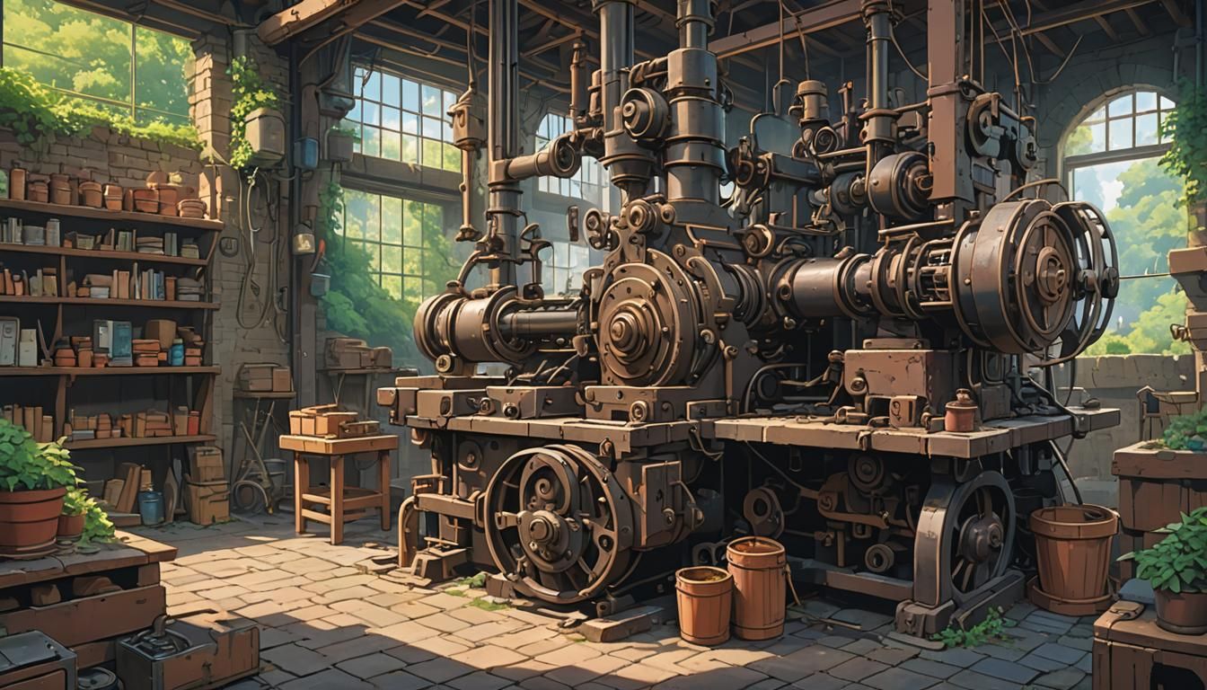 Vintage Bricklayer Machinery in Studio Ghibli Style