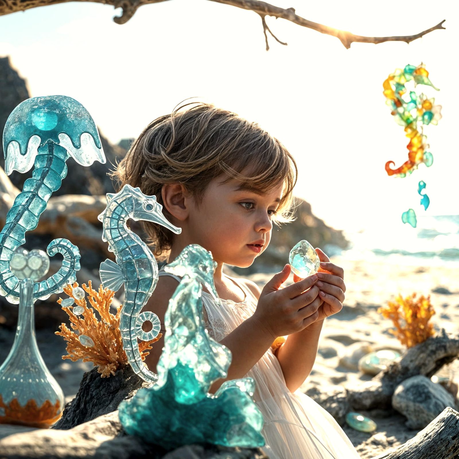 Sea Glass Sculptures of Ocean Creatures on Beach