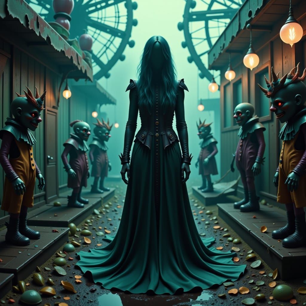 Mystical Woman in Abandoned Carnival, Dark Fantasy Style