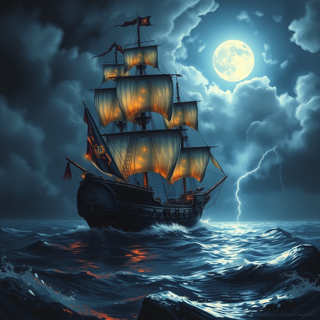 Mystical Pirate Ship Sailing in Stormy Waters