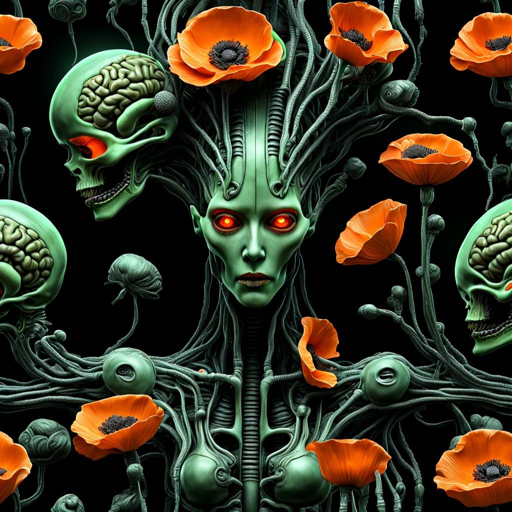 Alien Brain with Poppies, Giger-Style Surrealism