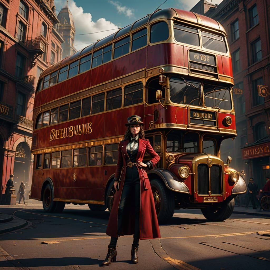 Steampunk Woman Posing by Golden Bus