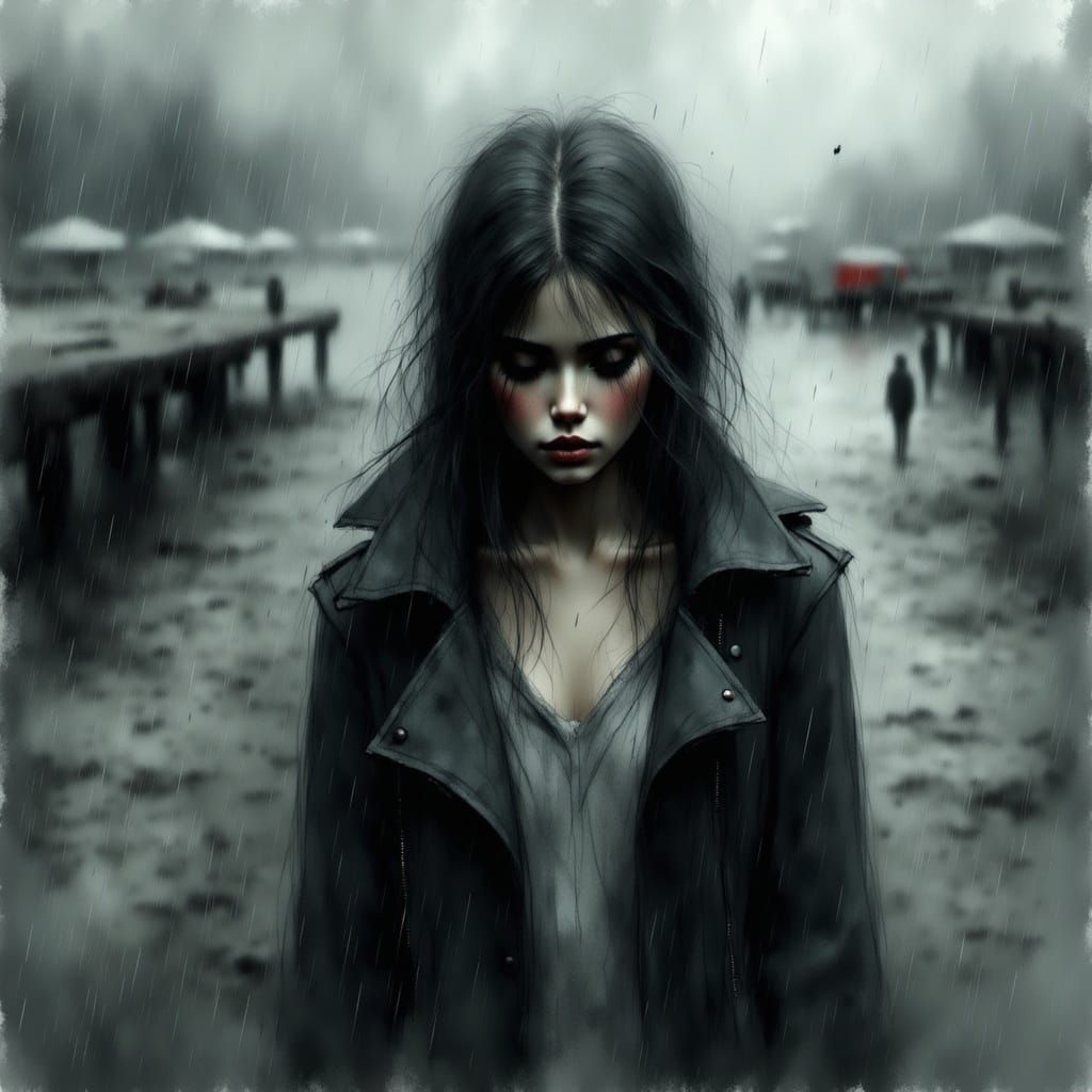 Woman in Harbor Amidst Surreal Light Rain