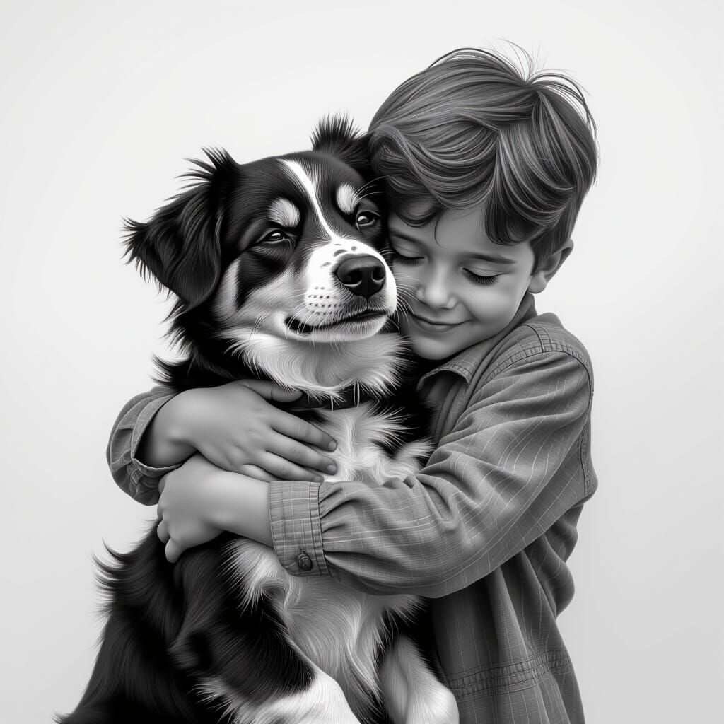 Child and Dog Embrace in Monochrome