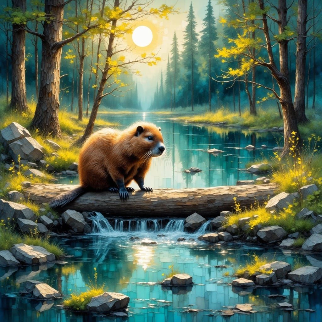 Beaver Building Dam in Forest, Impasto Oil Painting