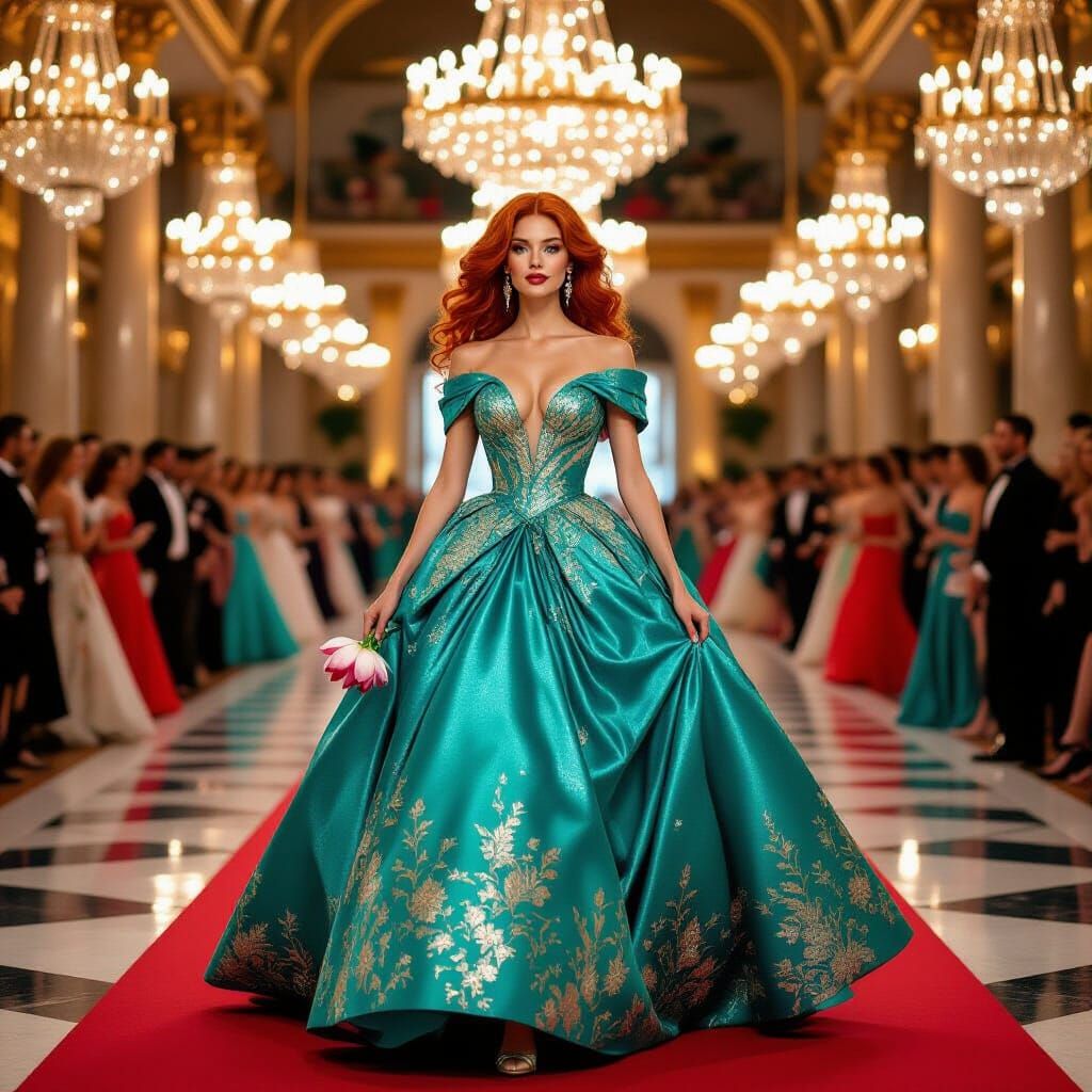 Woman in Turquoise Gown on Red Carpet