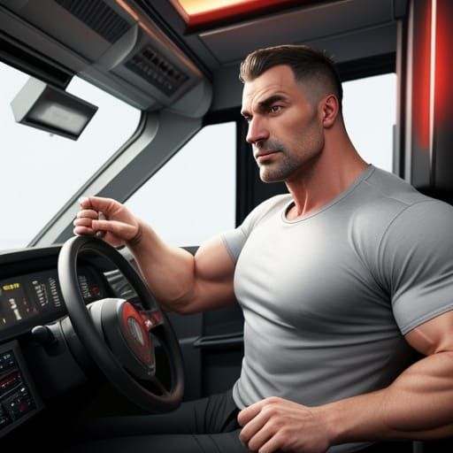 A beefcake muscled train driver behind the wheel of a high-speed rail train.