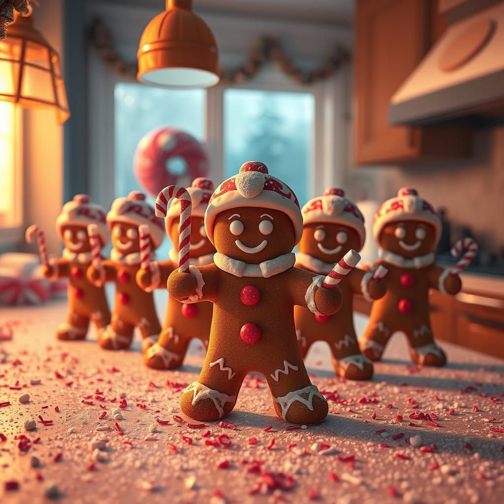 Whimsical Gingerbread Men Rebel in a Golden-Lit Holiday Kitc...