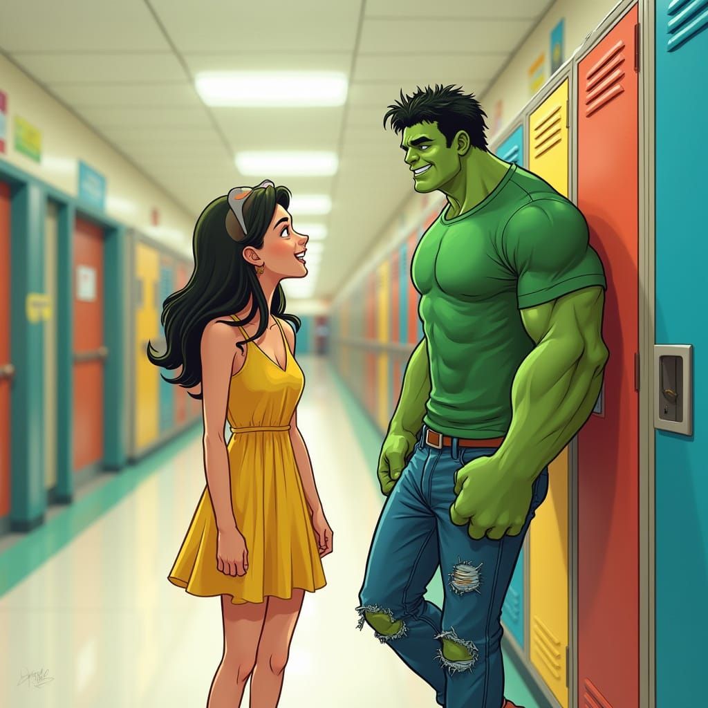 Teenage Hulk Chatting in High School, Cartoon Illustration
