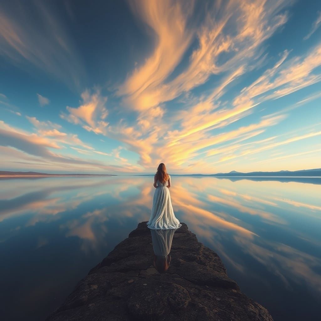 Ethereal Woman Stands at the Lake's Edge, Surrounded by Endl...